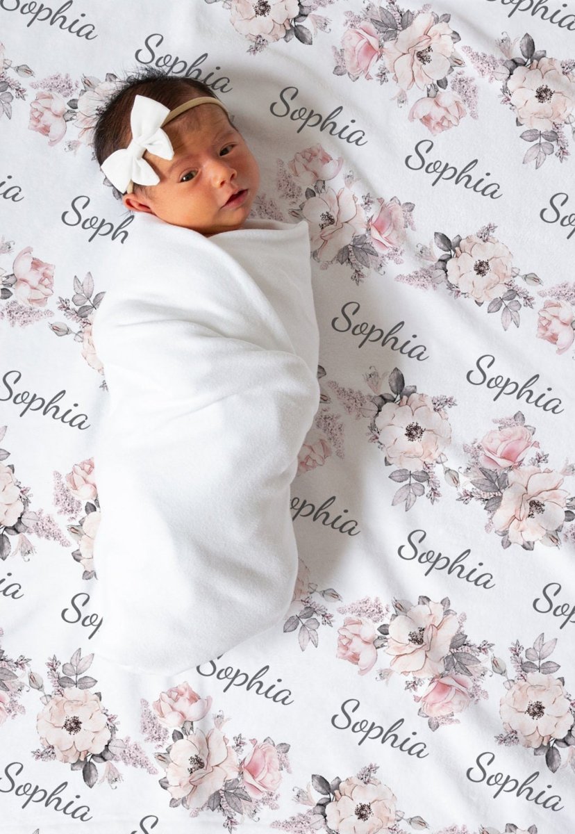 BABY GIRL FLORAL Swaddle Blanket / Newborn Personalized Coming Home Outfit / Pink & Purple Name Baby Blanket Shower Gift Hospital Outfit - BabiChic