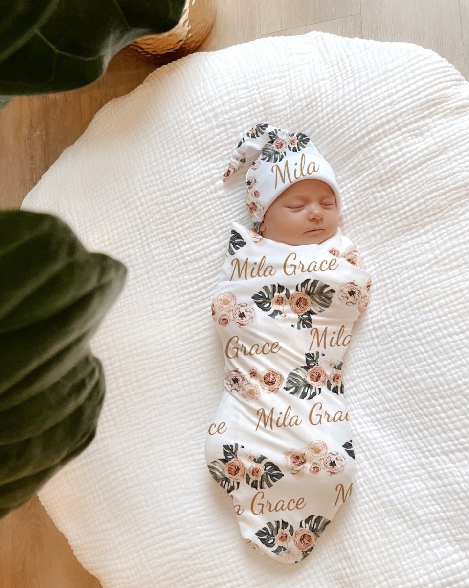 BABY NAME SWADDLE Blanket Personalized Boho Floral Custom Baby Girl Personalized Shower Gift Baby Girl Going Home Outfit Hospital Photo - BabiChic