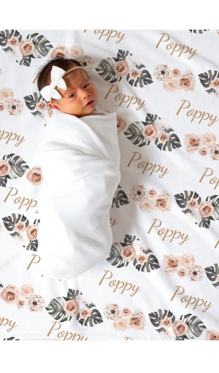 BABY NAME SWADDLE Blanket Personalized Boho Floral Custom Baby Girl Personalized Shower Gift Baby Girl Going Home Outfit Hospital Photo - BabiChic