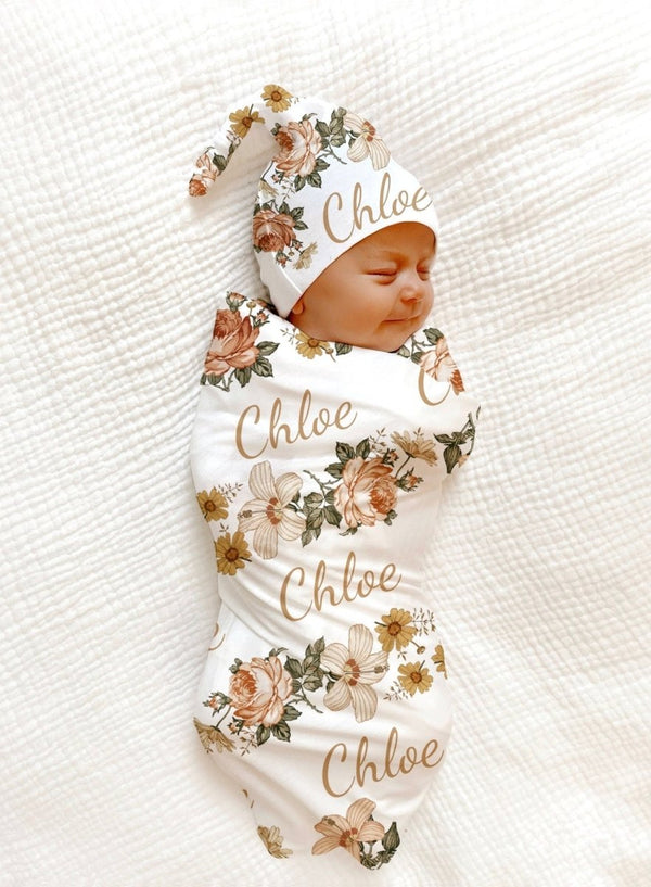 BABY NAME VINTAGE Floral Swaddle Blanket Personalized Baby Girl Coming Home Outfit Name Baby Blanket Baby Shower Gift Hospital Photo Outfit - BabiChic