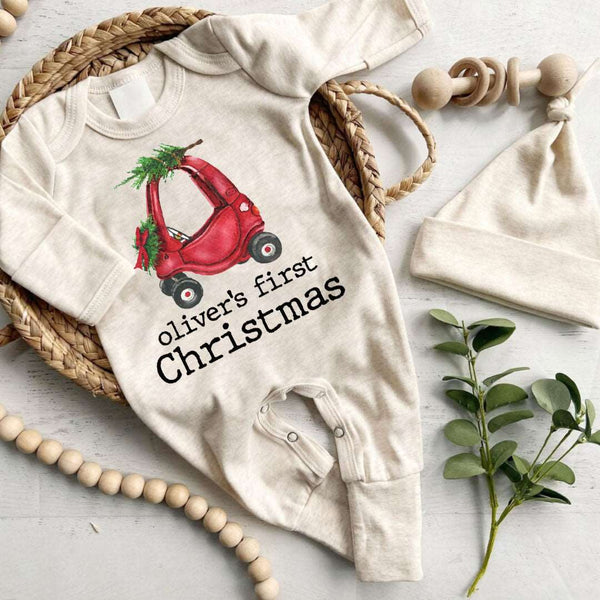 Baby Winter Romper Personalized Name & Red Car Gender Neutral Onesies Baby Christmas Outfit Must Haves - BabiChic