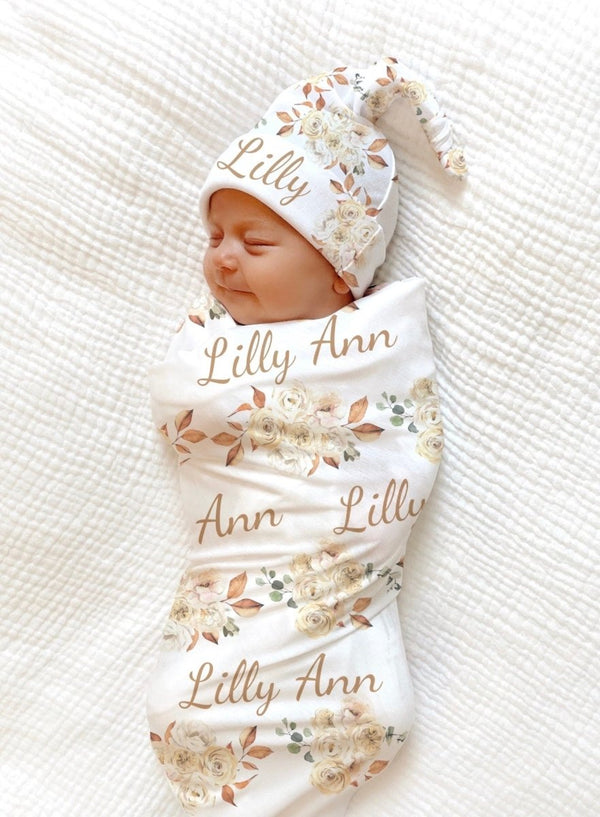 BOHO Floral Swaddle Blanket Personalized Newborn Baby Girl Take Home Outfit Flower Baby Shower Gift Hospital Photo Outfit Bohemian Swaddle - BabiChic