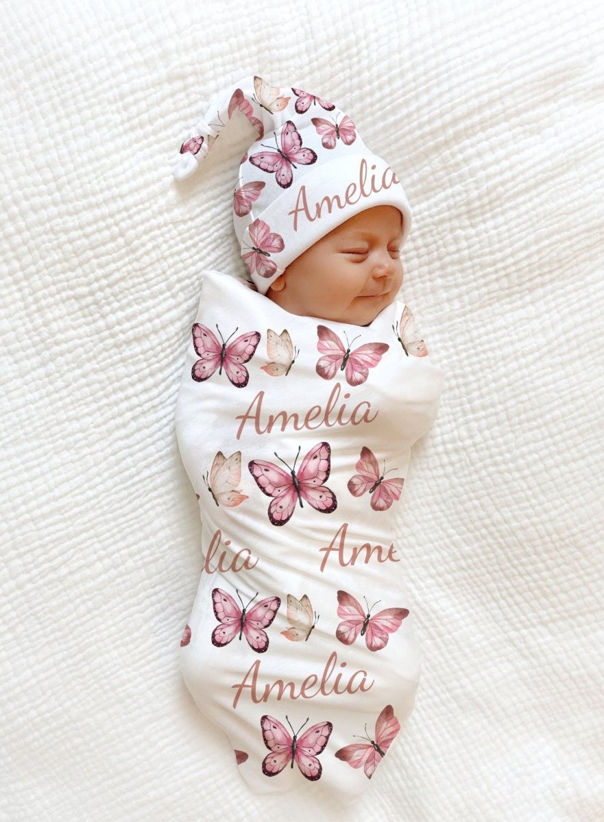 BUTTERFLY Blanket Custom Printed Baby Gift Set PERSONALIZED Newborn Baby Girl Name Floral Swaddle Blanket Baby Shower Gift Hospital Photo - BabiChic