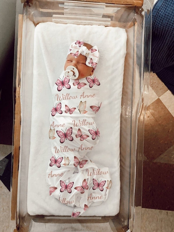 BUTTERFLY Blanket Custom Printed Baby Gift Set PERSONALIZED Newborn Baby Girl Name Floral Swaddle Blanket Baby Shower Gift Hospital Photo - BabiChic