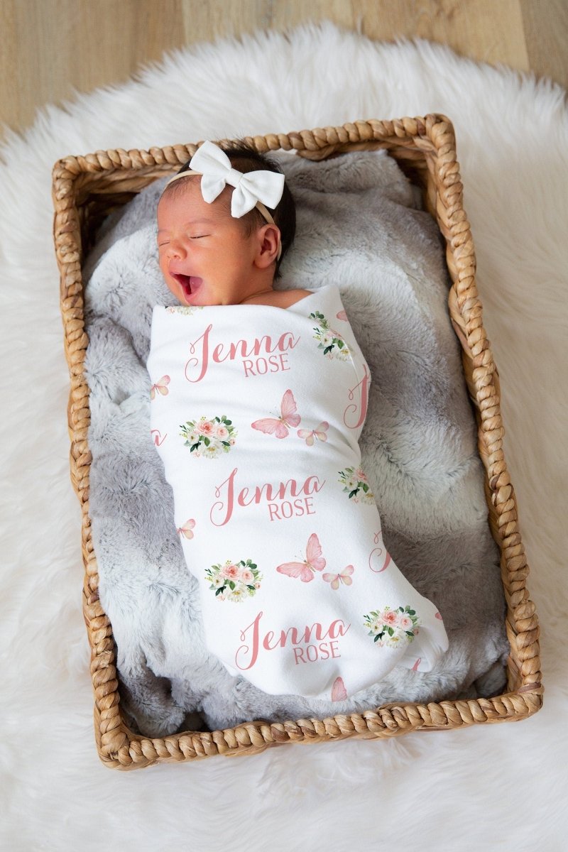 Butterfly Personalized Swaddle, Baby Girl Butterfly Blanket, Custom Name Blanket, Hospital Blanket, Baby Shower Gift, Name Blanket, Toddler - BabiChic