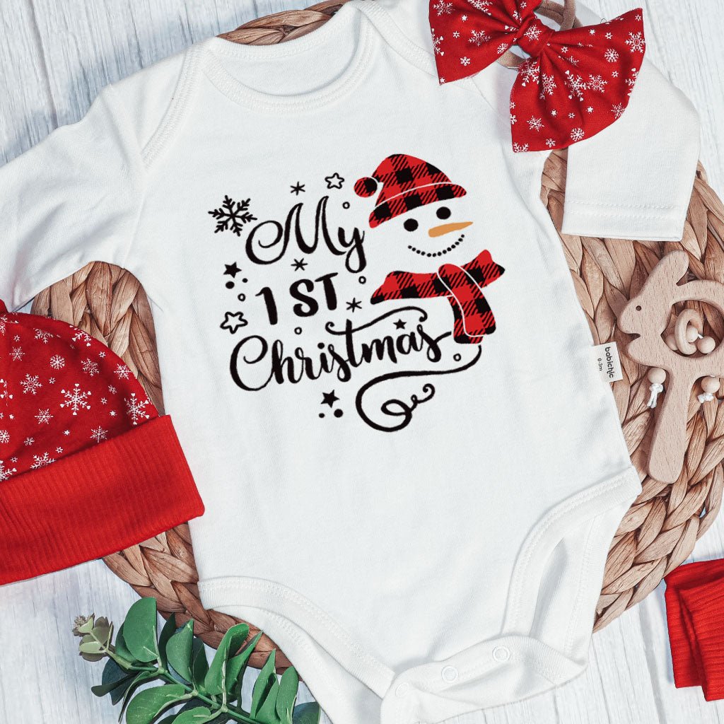 Christmas Long Sleeve Bodysuit and Long Pants Set | Gender Neutral Infant Clothes My 1st Christmas Cute Snowman | Newborn Christmas Onesie - BabiChic