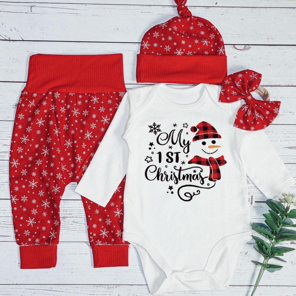 Christmas Long Sleeve Bodysuit and Long Pants Set | Gender Neutral Infant Clothes My 1st Christmas Cute Snowman | Newborn Christmas Onesie - BabiChic