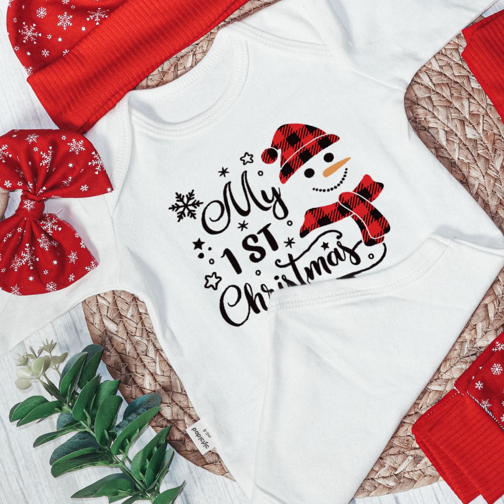 Christmas Long Sleeve Bodysuit and Long Pants Set | Gender Neutral Infant Clothes My 1st Christmas Cute Snowman | Newborn Christmas Onesie - BabiChic