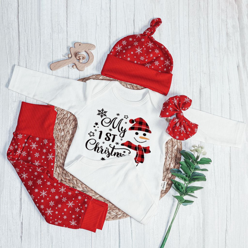 Christmas Long Sleeve Bodysuit and Long Pants Set | Gender Neutral Infant Clothes My 1st Christmas Cute Snowman | Newborn Christmas Onesie - BabiChic