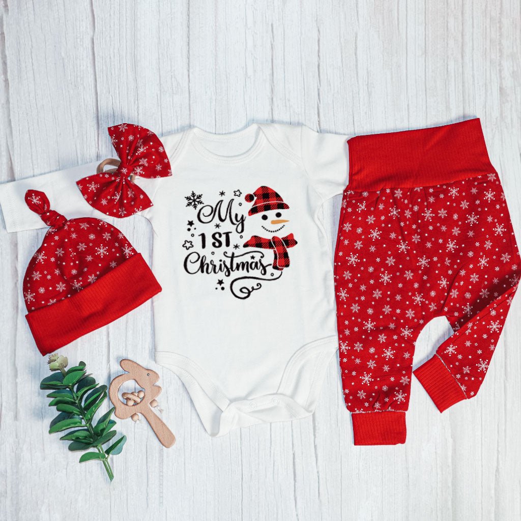 Christmas Long Sleeve Bodysuit and Long Pants Set | Gender Neutral Infant Clothes My 1st Christmas Cute Snowman | Newborn Christmas Onesie - BabiChic