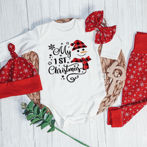 Christmas Long Sleeve Bodysuit and Long Pants Set | Gender Neutral Infant Clothes My 1st Christmas Cute Snowman | Newborn Christmas Onesie - BabiChic