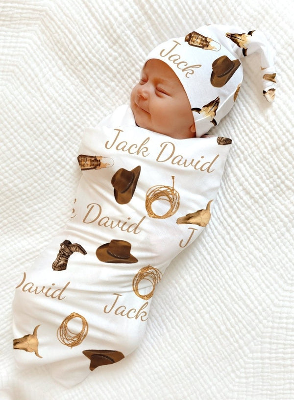 COWBOY SWADDLE Blanket Personalized Baby Boy Blanket Hospital Announcement Baby Shower Gift Boy Coming Home Outfit Deer Cattle Cow Ranch - BabiChic