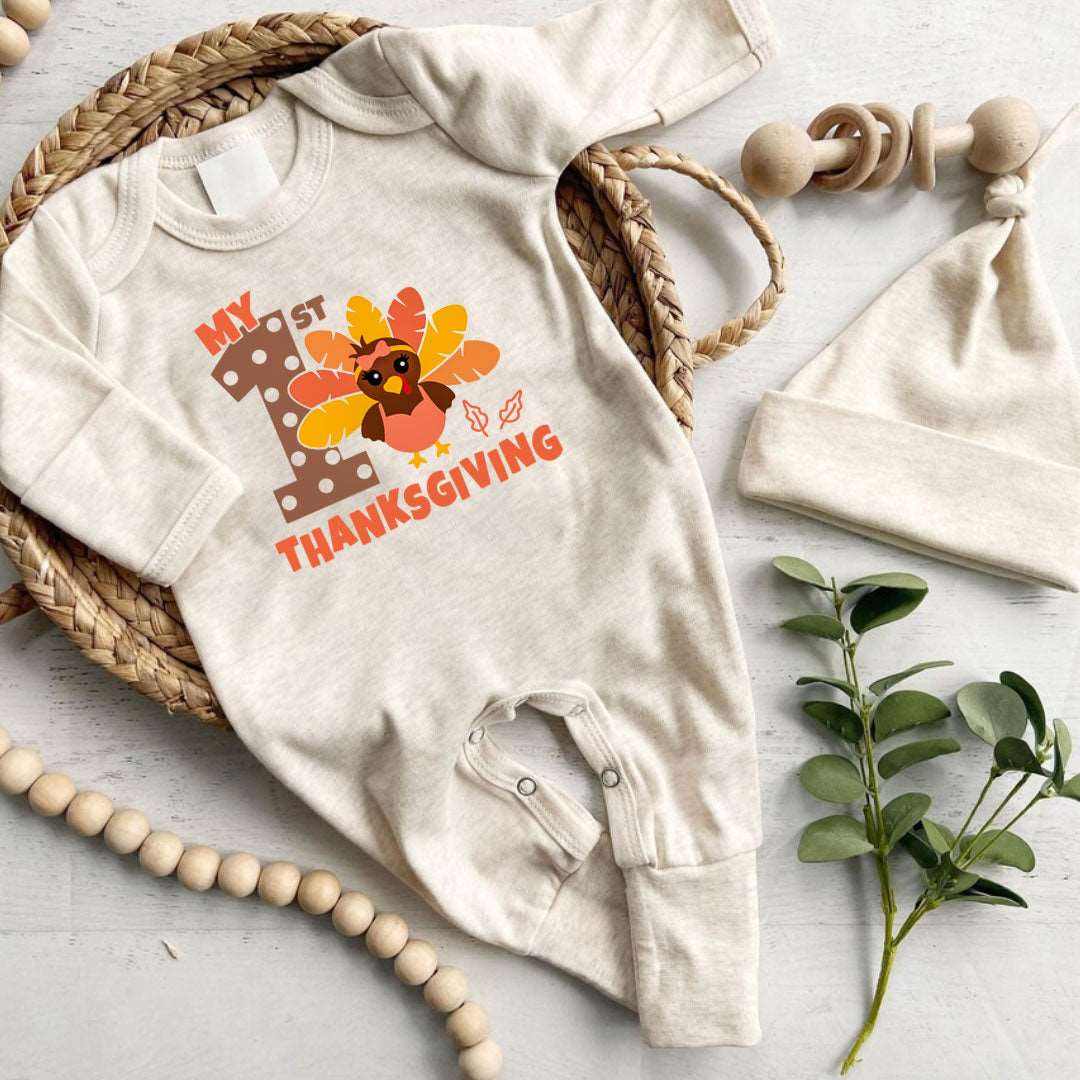 Cozy My 1st Thanksgiving Neutral Romper – Fall Natural Youth Style - BabiChic