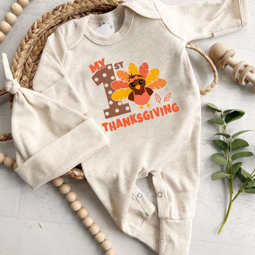 Cozy My 1st Thanksgiving Neutral Romper – Fall Natural Youth Style - BabiChic