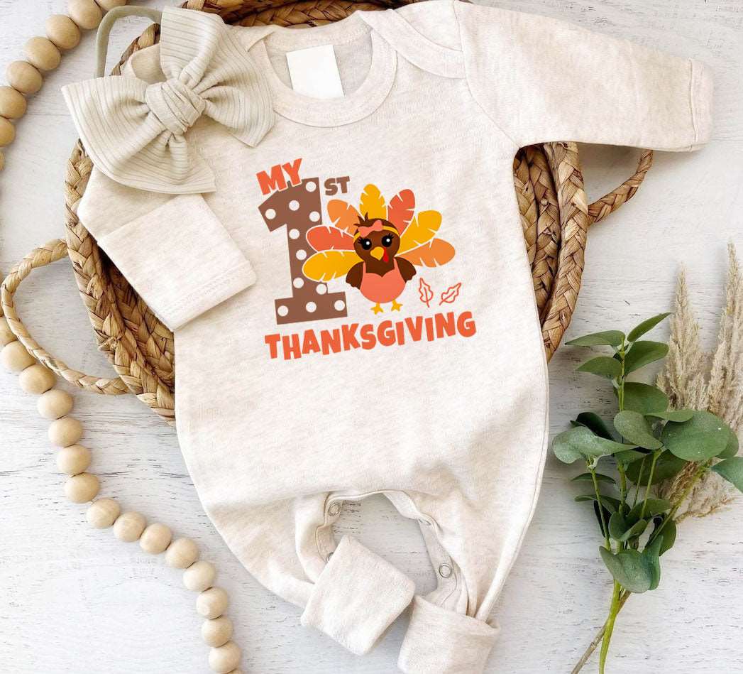 Cozy My 1st Thanksgiving Neutral Romper – Fall Natural Youth Style - BabiChic