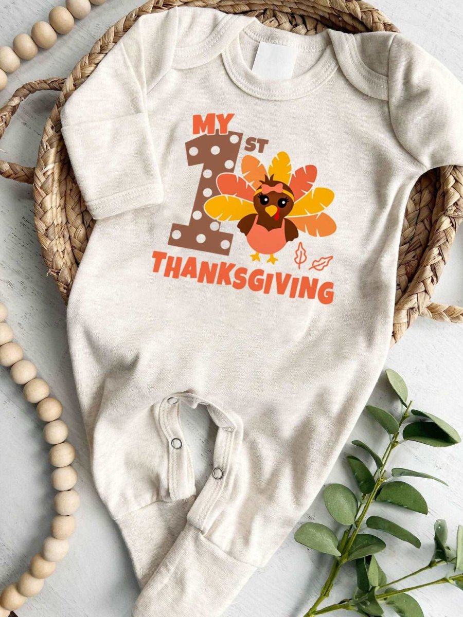 Cozy My 1st Thanksgiving Neutral Romper – Fall Natural Youth Style - BabiChic