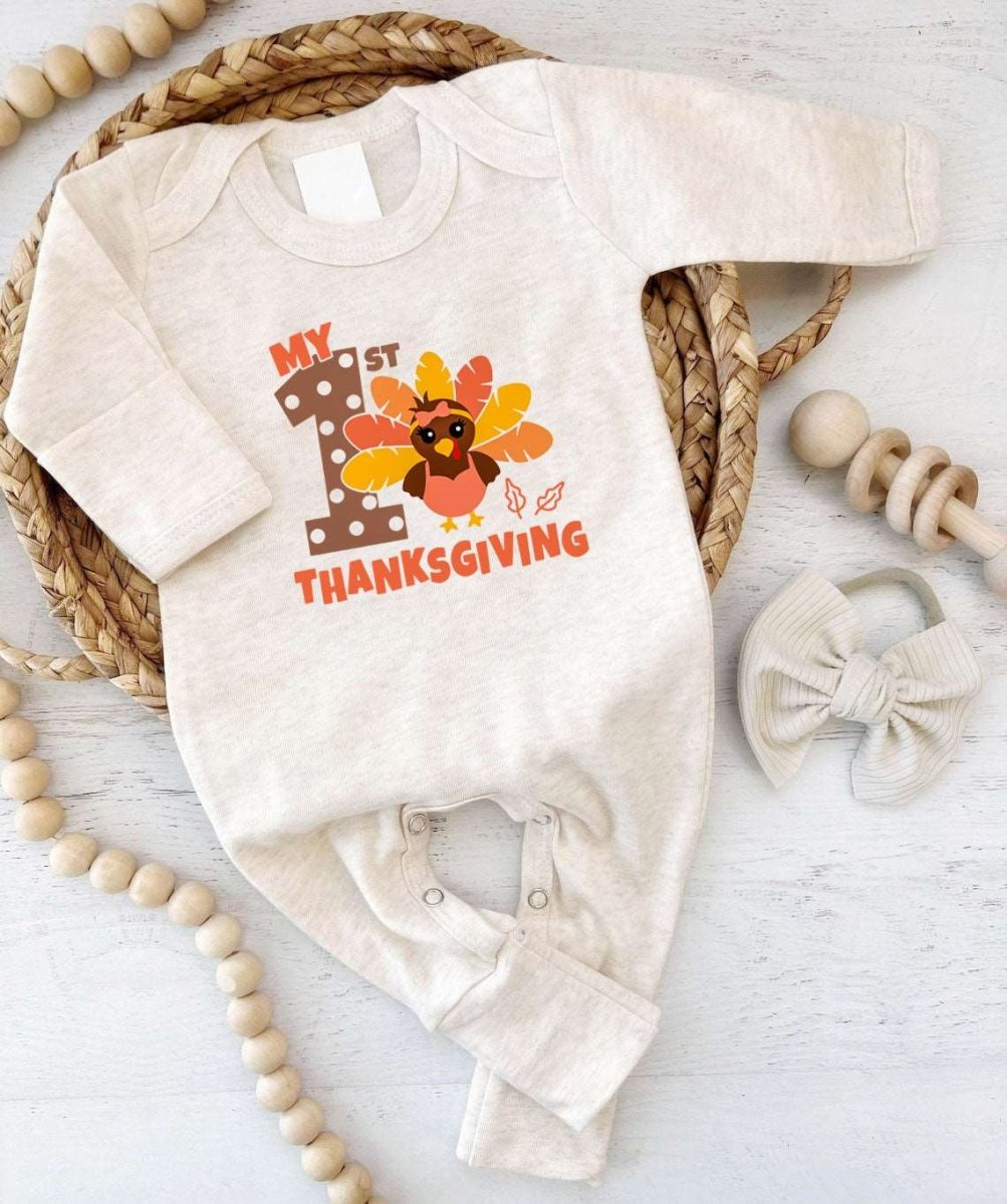 Cozy My 1st Thanksgiving Neutral Romper – Fall Natural Youth Style - BabiChic