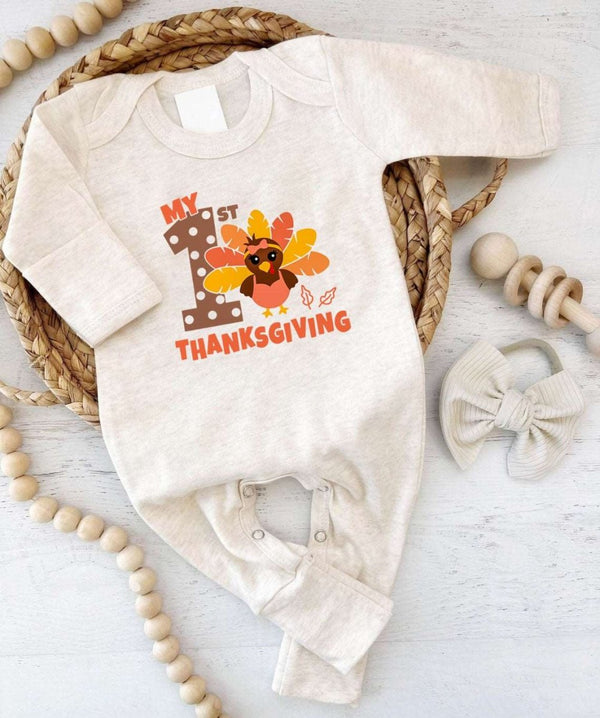 Cozy My 1st Thanksgiving Neutral Romper – Fall Natural Youth Style - BabiChic