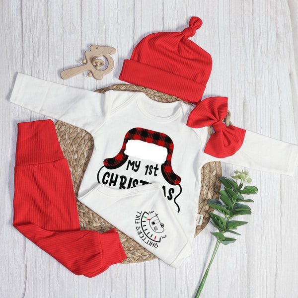 Custom My First Christmas Baby Onesie and Long Pants Set | Personalized Shitters Full Christmas Bodysuit - BabiChic