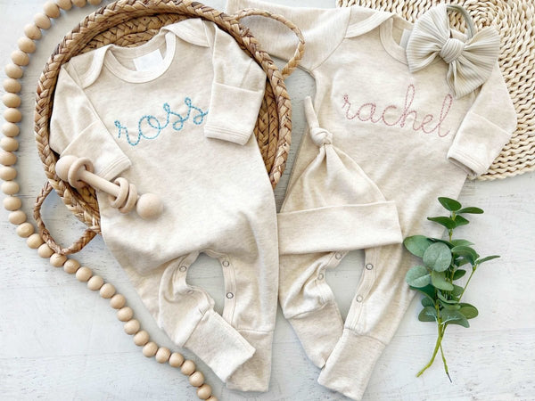 Custom Name Baby Boy Girl Twin Coming Home Outfits, Twin Baby Outfit, Baby Shower Gift, Minimalist Winter Romper - BabiChic