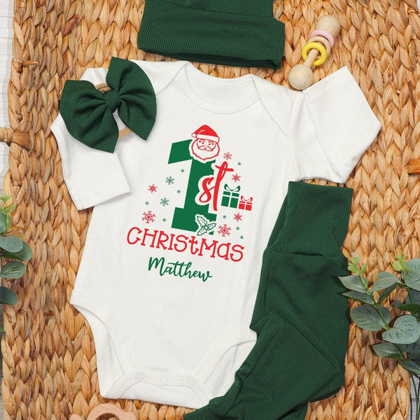 Custom Name My 1st Christmas Baby Onesie and Green Long Pants Set | Personalized My First Christmas Bodysuit - BabiChic