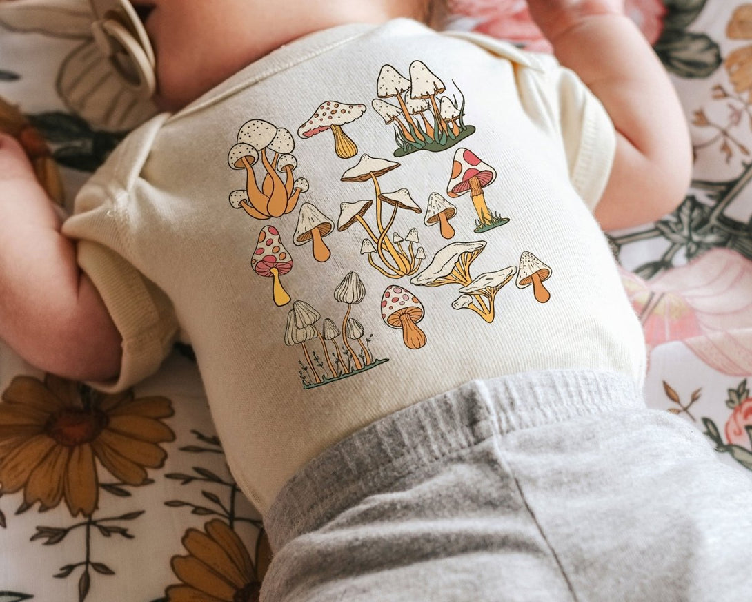 Cute Baby Onesies - Cute Mushroom Neutral Gender - Announcement Newborn Gift for Baby Shower Gift - BabiChic