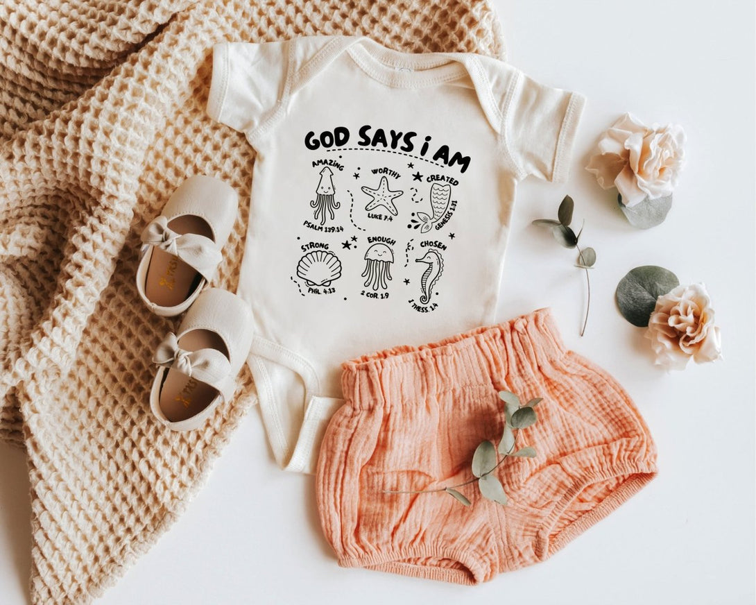 Cute Baby Onesies - God Says I Am - Baby Shirt Ocean Fish - Baby Announcement for baby boys & baby girls - BabiChic