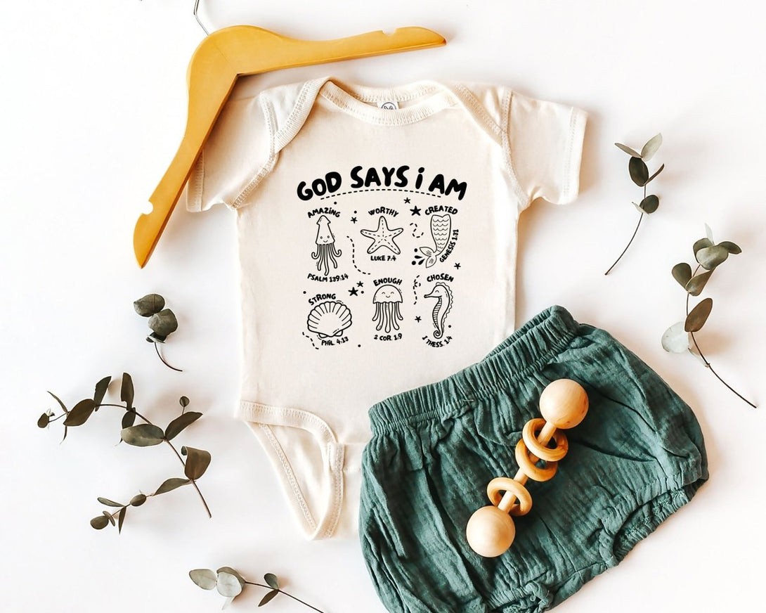 Cute Baby Onesies - God Says I Am - Baby Shirt Ocean Fish - Baby Announcement for baby boys & baby girls - BabiChic