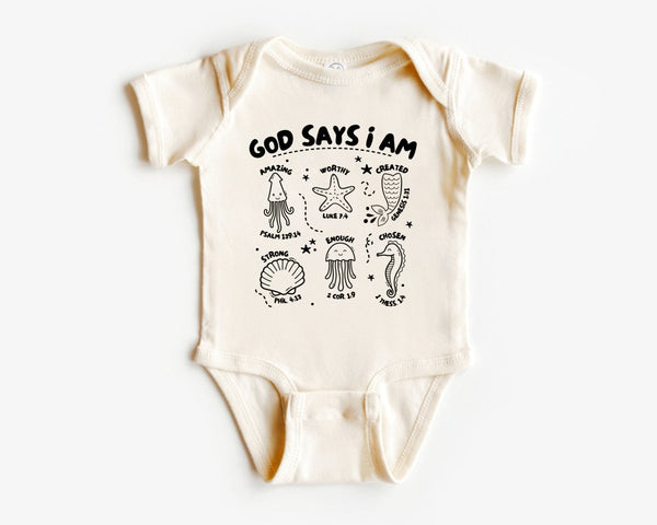 Cute Baby Onesies - God Says I Am - Baby Shirt Ocean Fish - Baby Announcement for baby boys & baby girls - BabiChic