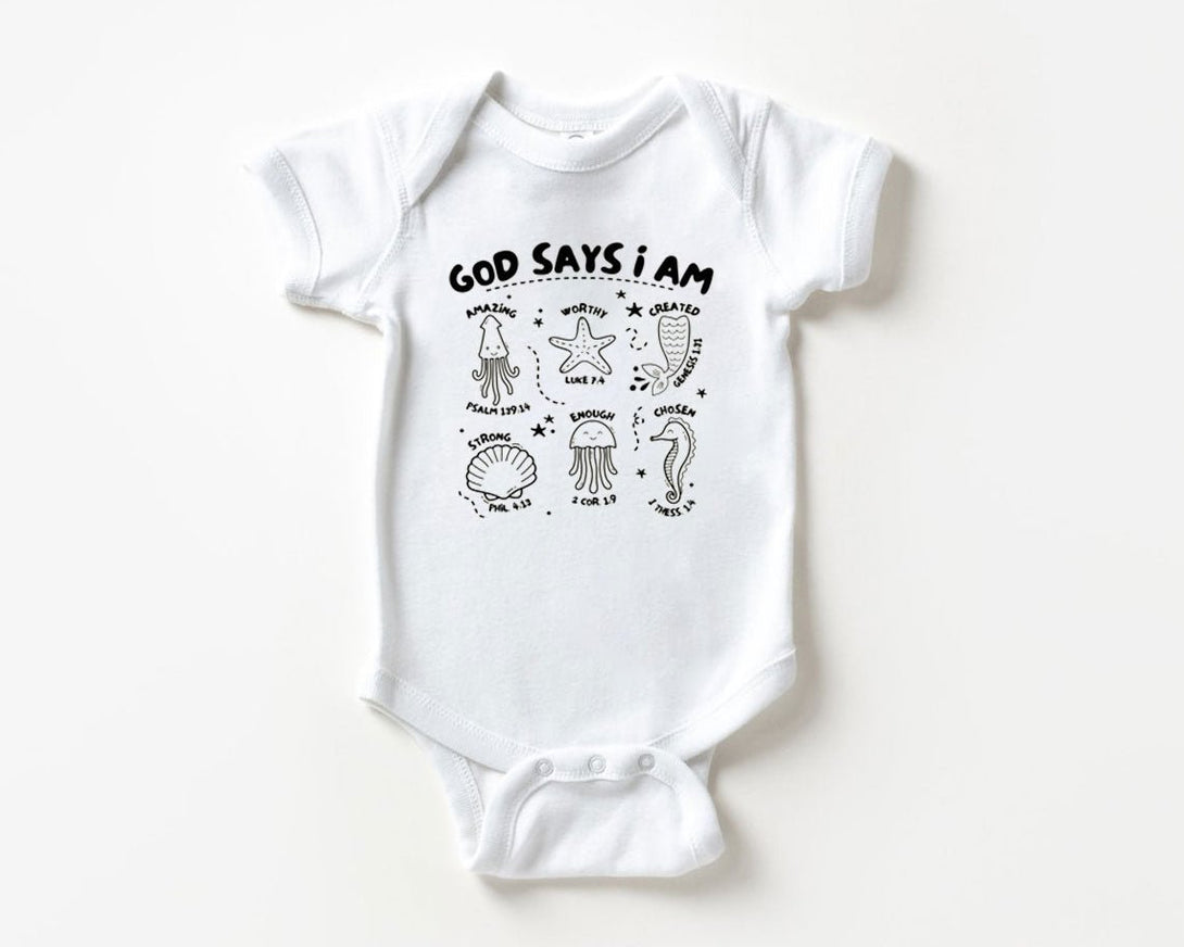 Cute Baby Onesies - God Says I Am - Baby Shirt Ocean Fish - Baby Announcement for baby boys & baby girls - BabiChic