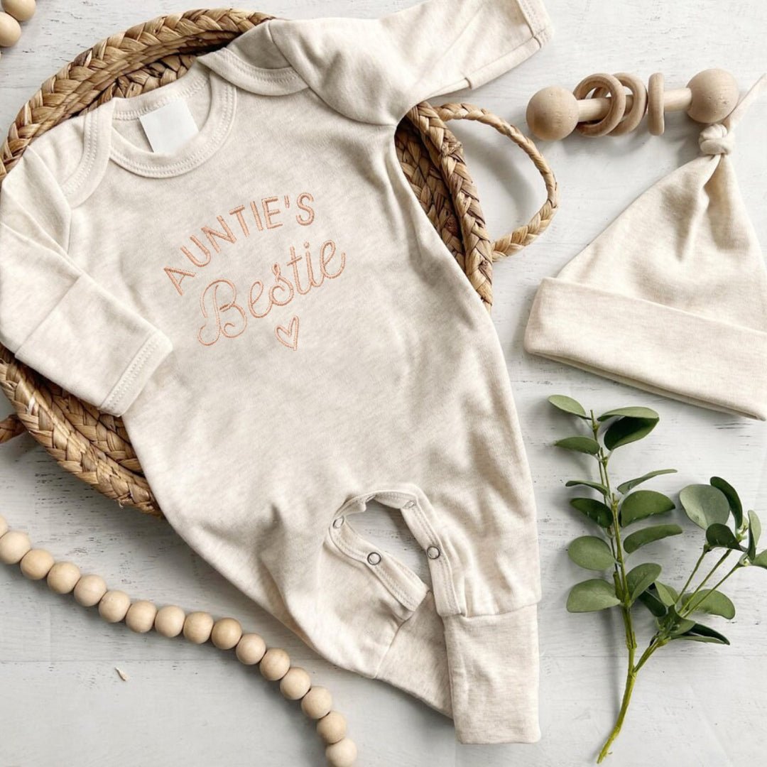 Embroidered Auntie's Bestie Baby Romper Onesies, Aunt Pregnancy Announcement, New Aunt Gift, Baby Shower Gift - BabiChic