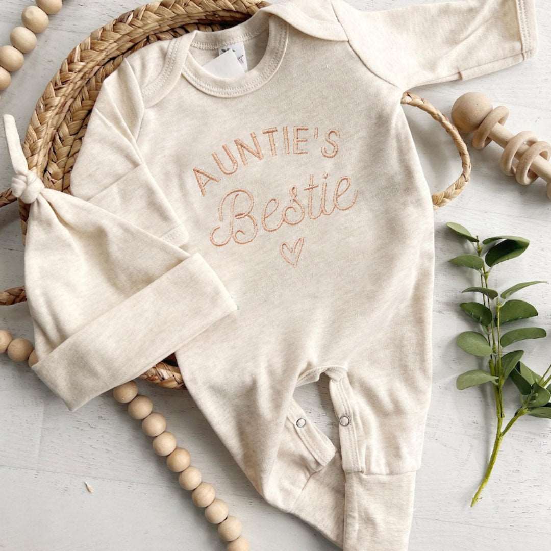 Embroidered Auntie's Bestie Baby Romper Onesies, Aunt Pregnancy Announcement, New Aunt Gift, Baby Shower Gift - BabiChic