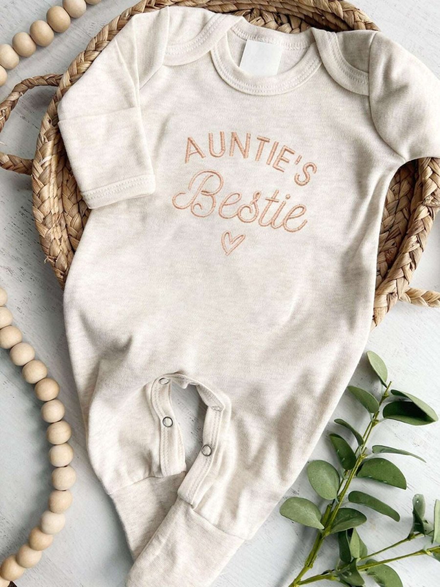 Embroidered Auntie's Bestie Baby Romper Onesies, Aunt Pregnancy Announcement, New Aunt Gift, Baby Shower Gift - BabiChic