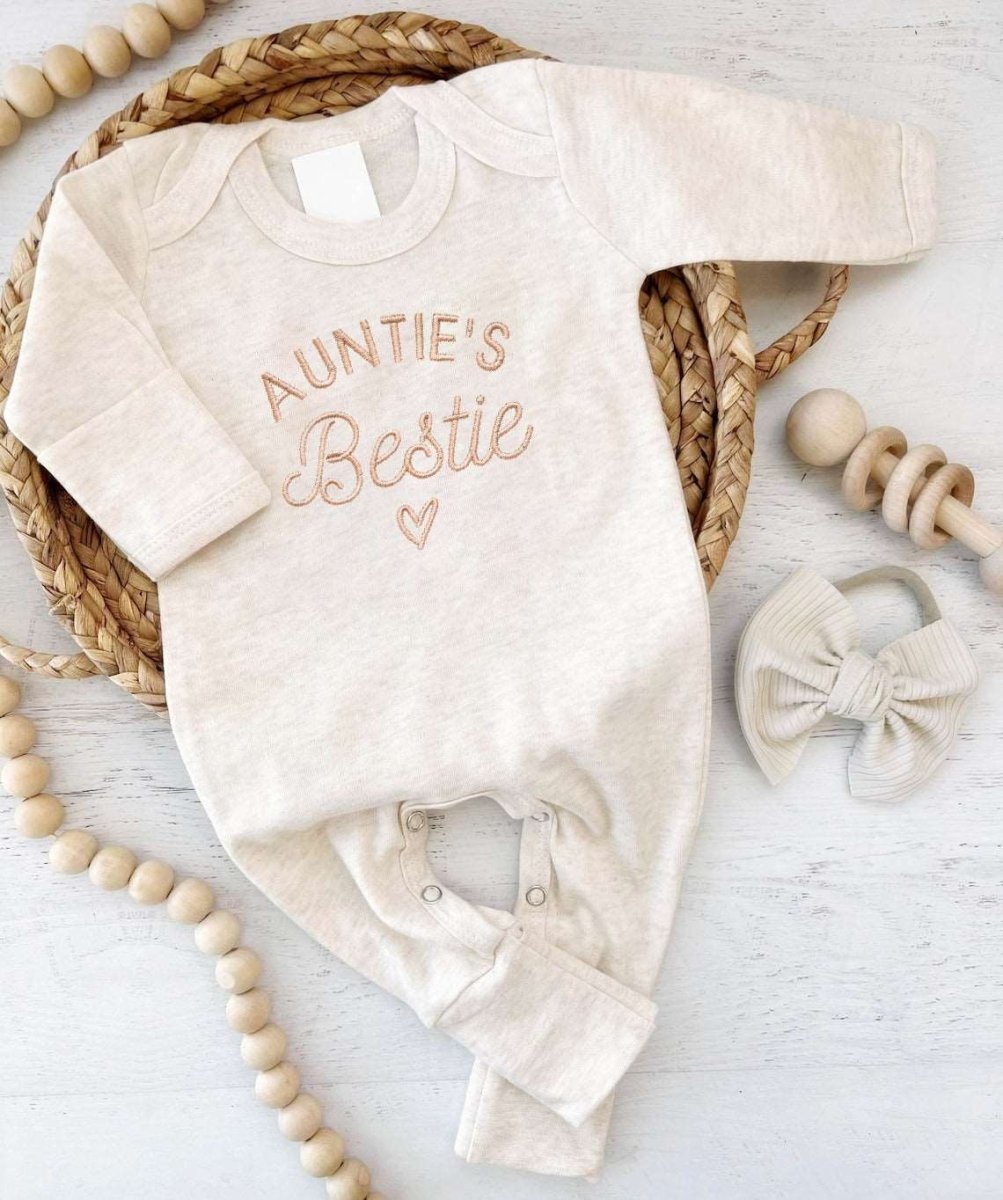 Embroidered Auntie's Bestie Baby Romper Onesies, Aunt Pregnancy Announcement, New Aunt Gift, Baby Shower Gift - BabiChic