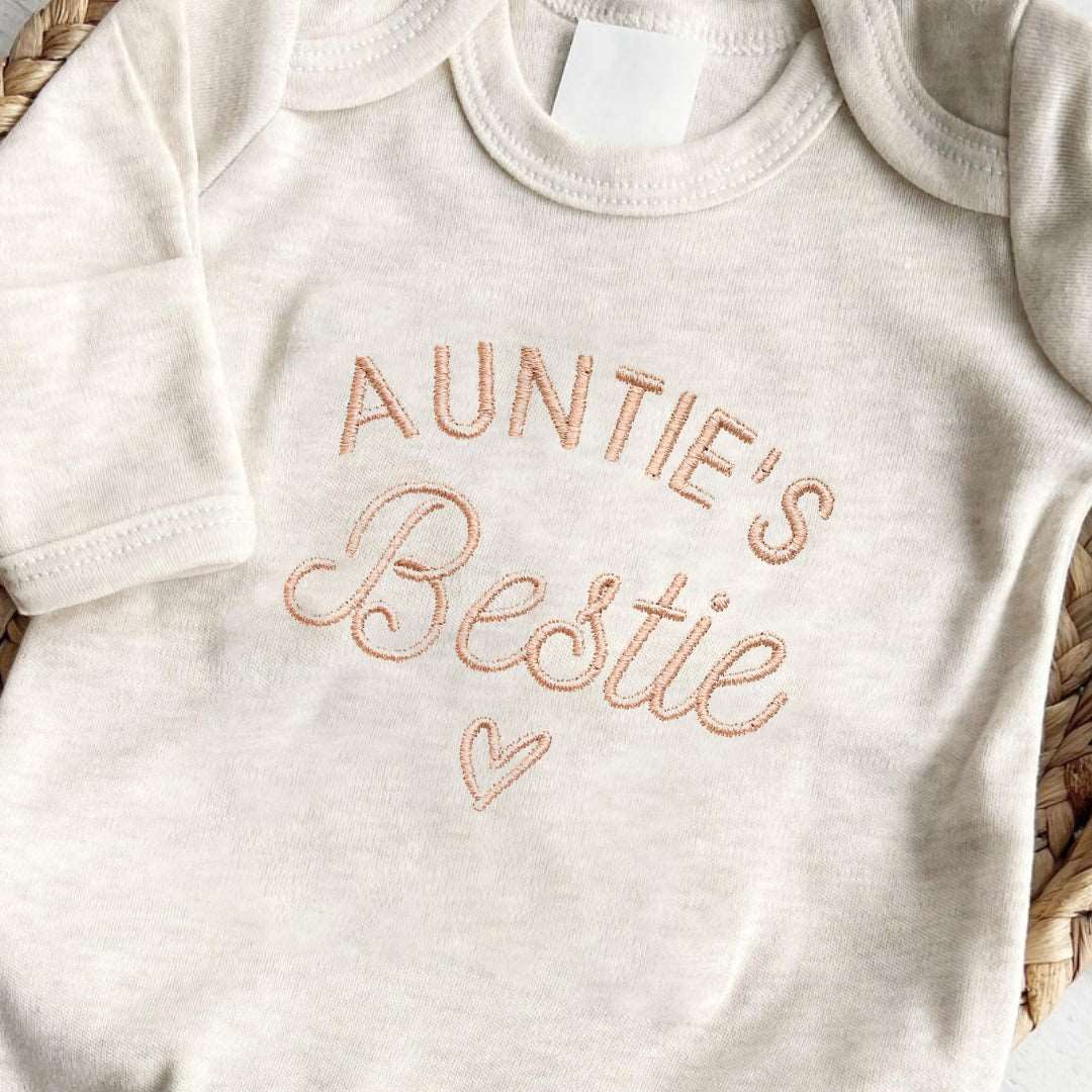 Embroidered Auntie's Bestie Baby Romper Onesies, Aunt Pregnancy Announcement, New Aunt Gift, Baby Shower Gift - BabiChic