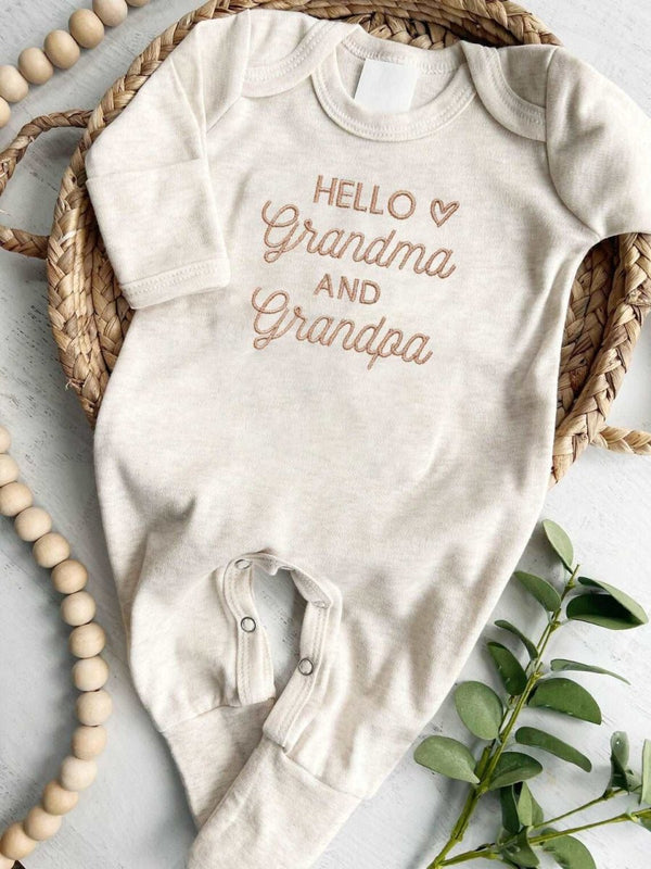 Embroidered Hello Grandma and Grandpa Baby Romper Onesies, Pregnancy Announcement, New Grandparents Pregnancy Reveal - BabiChic