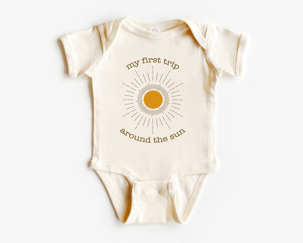 First Trip Around The Sun Baby Onesie - Retro One Year Old Bodysuit - First Birthday Natural Baby Onesie - BabiChic