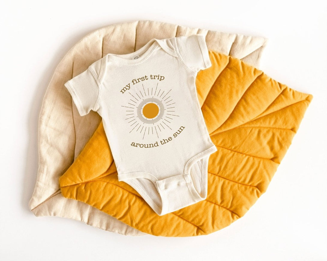 First Trip Around The Sun Baby Onesie - Retro One Year Old Bodysuit - First Birthday Natural Baby Onesie - BabiChic