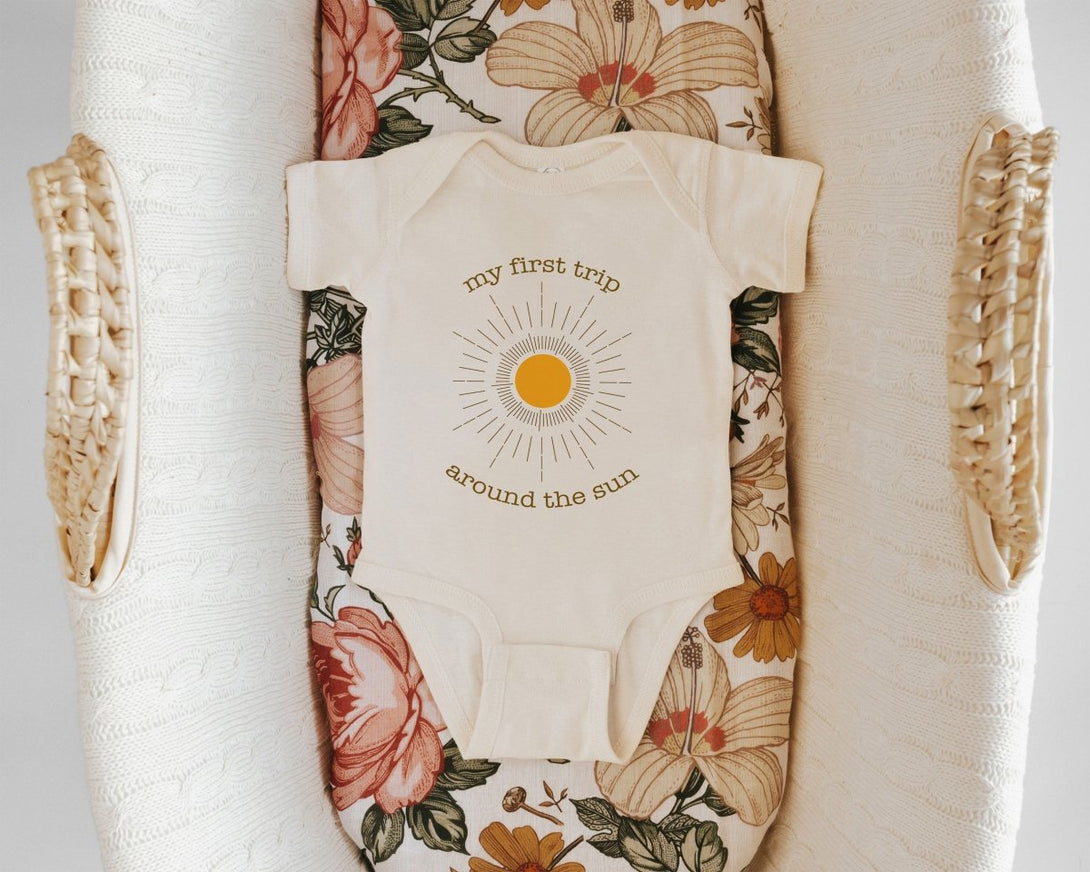 First Trip Around The Sun Baby Onesie - Retro One Year Old Bodysuit - First Birthday Natural Baby Onesie - BabiChic