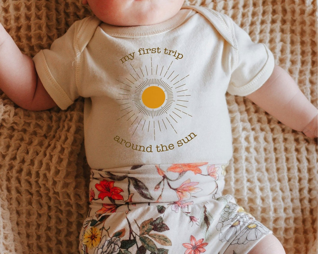 First Trip Around The Sun Baby Onesie - Retro One Year Old Bodysuit - First Birthday Natural Baby Onesie - BabiChic