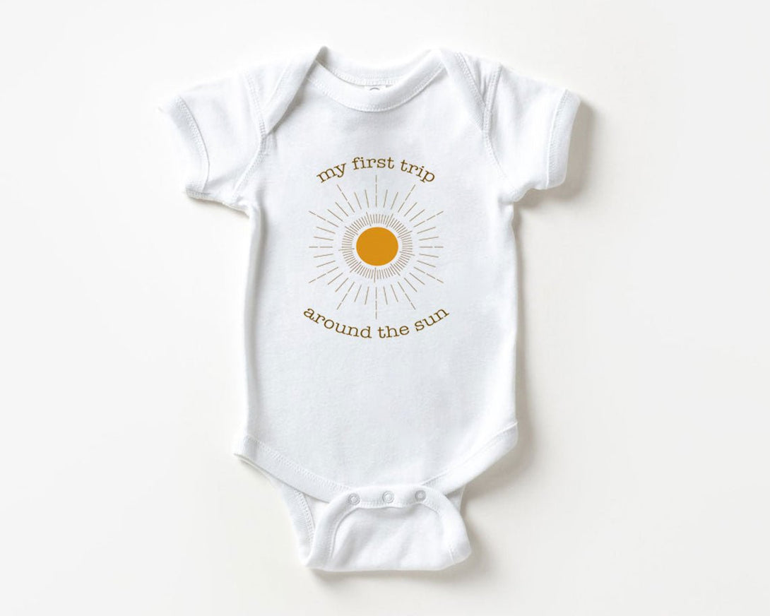 First Trip Around The Sun Baby Onesie - Retro One Year Old Bodysuit - First Birthday Natural Baby Onesie - BabiChic