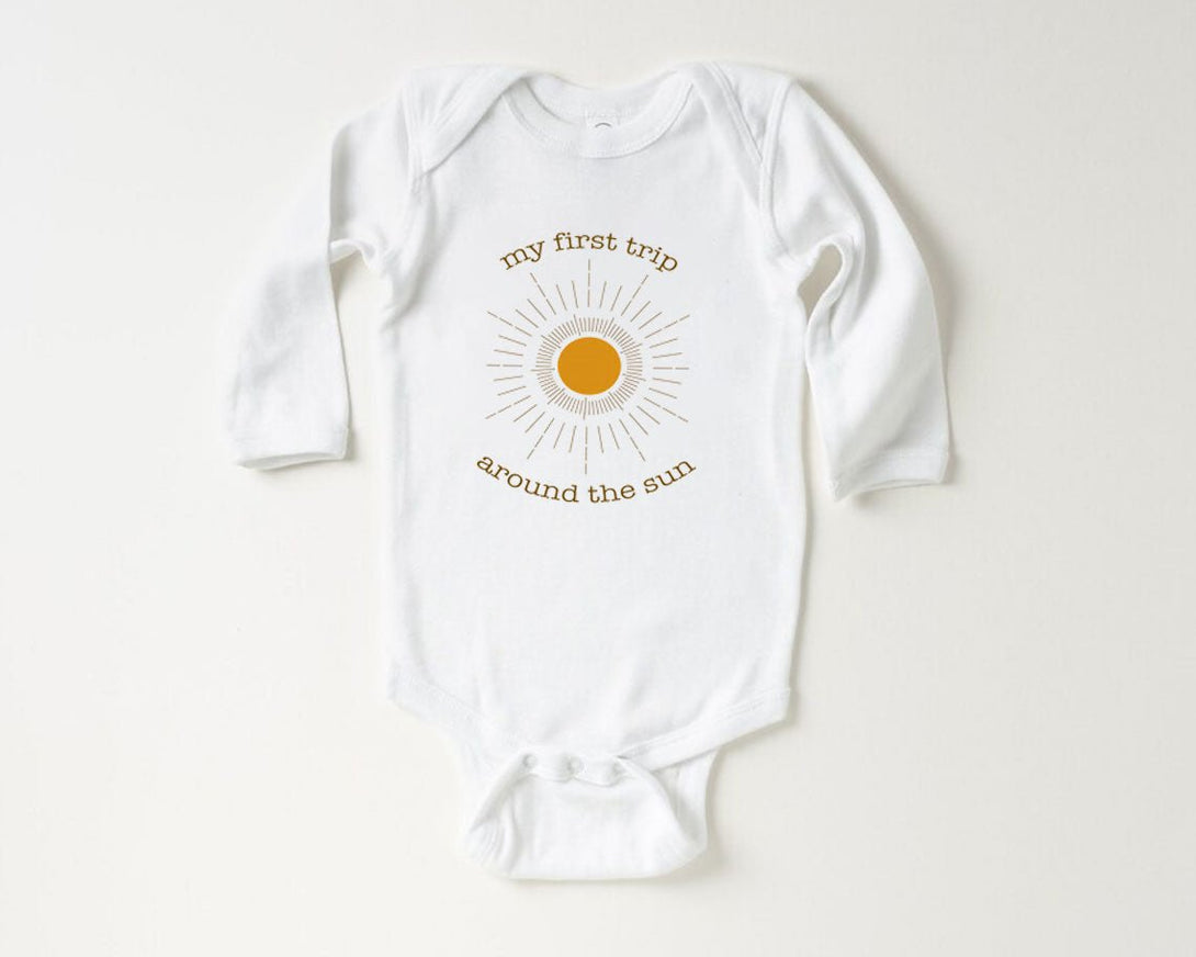 First Trip Around The Sun Baby Onesie - Retro One Year Old Bodysuit - First Birthday Natural Baby Onesie - BabiChic