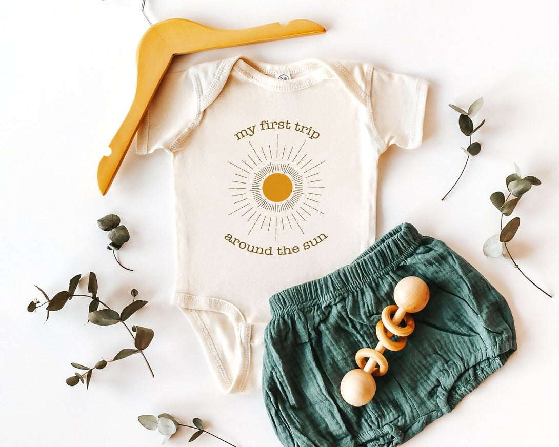 First Trip Around The Sun Baby Onesie - Retro One Year Old Bodysuit - First Birthday Natural Baby Onesie - BabiChic