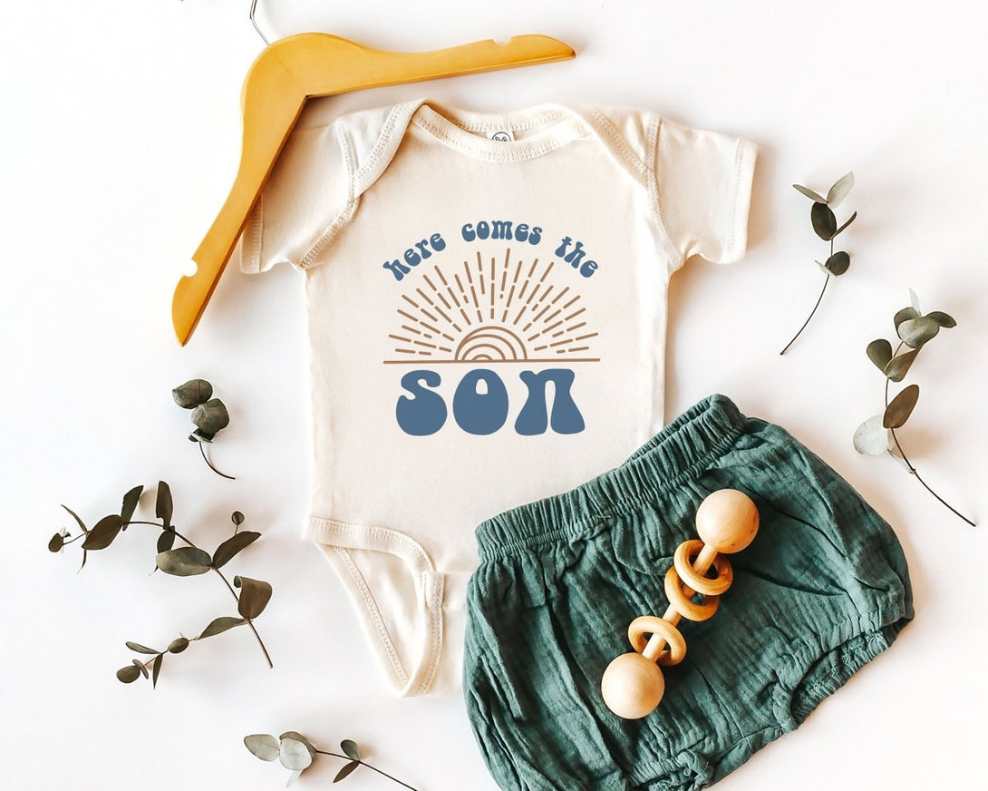 Here Comes The Son Onesie - Retro Announcement Bodysuit - Cute Summer Baby Onesie - BabiChic