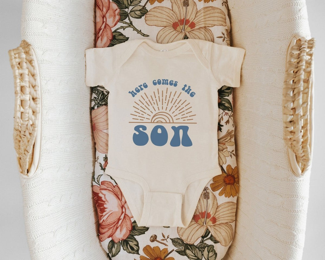 Here Comes The Son Onesie - Retro Announcement Bodysuit - Cute Summer Baby Onesie - BabiChic