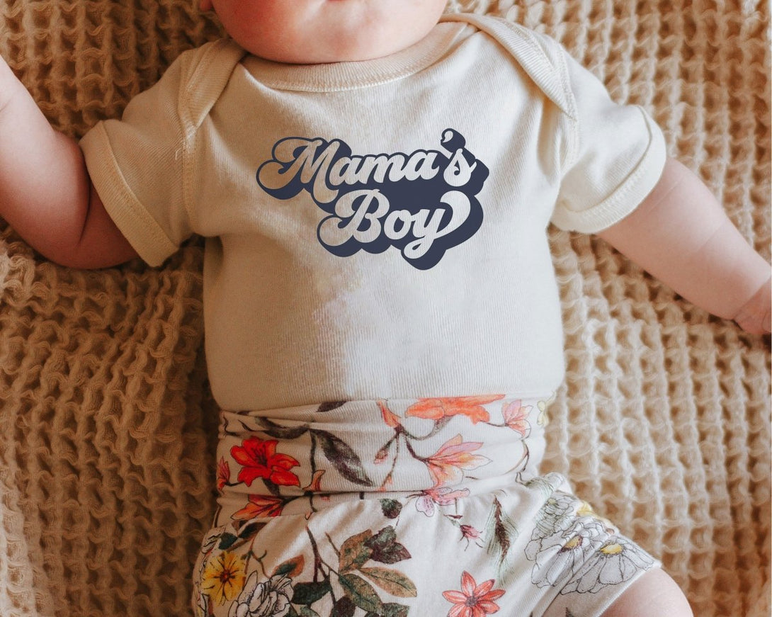 Mama's Boy Baby Onesie - Retro Boys Bodysuit - Cute Navy Natural Onesie - BabiChic