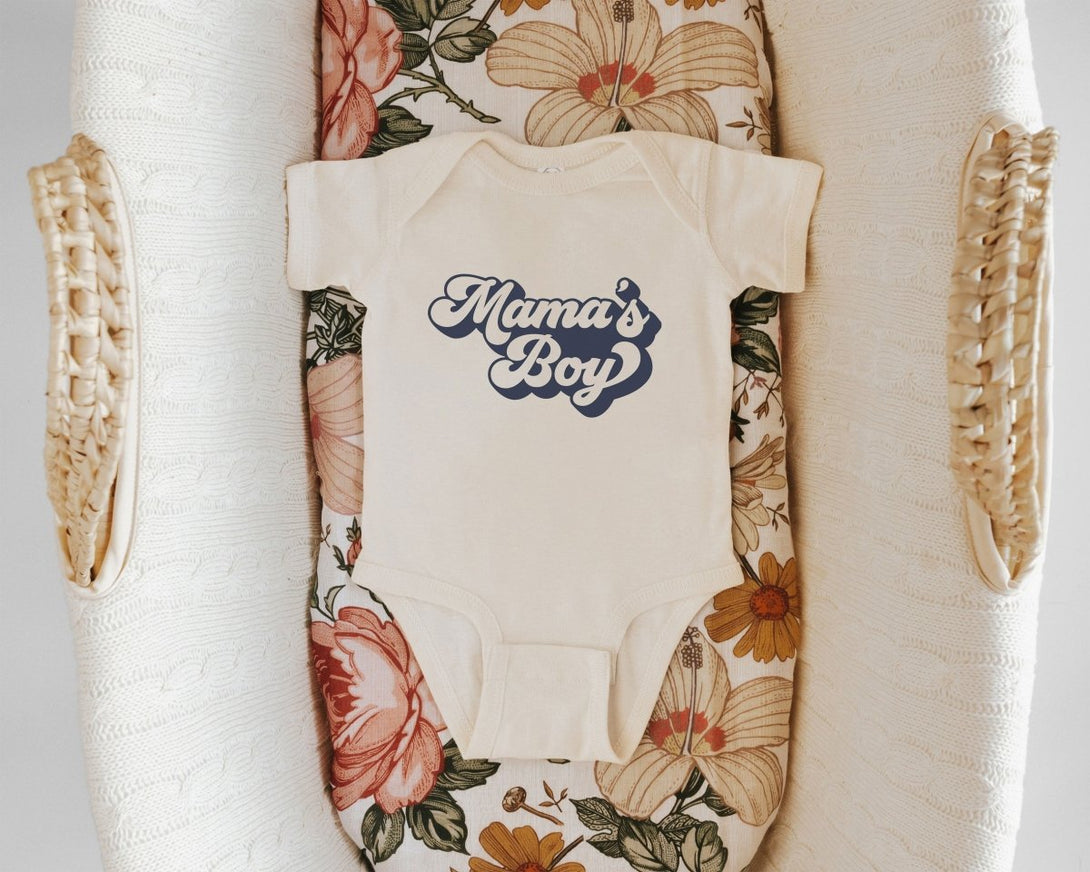 Mama's Boy Baby Onesie - Retro Boys Bodysuit - Cute Navy Natural Onesie - BabiChic