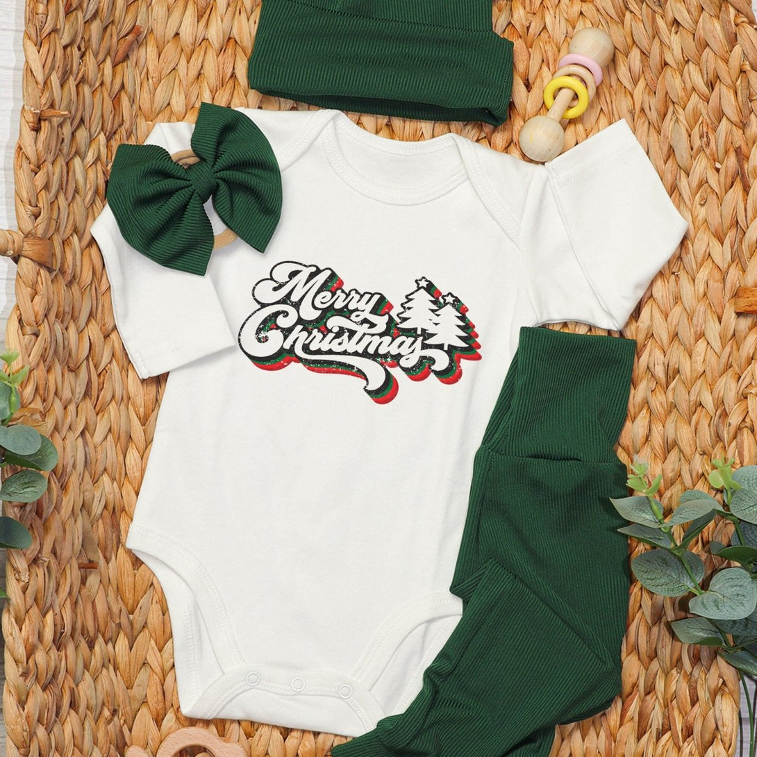 Merry Christmas Neutral Baby Onesie and Long Pants Set | Retro Christmas Bodysuit - Cute Winter Baby Onesie - BabiChic