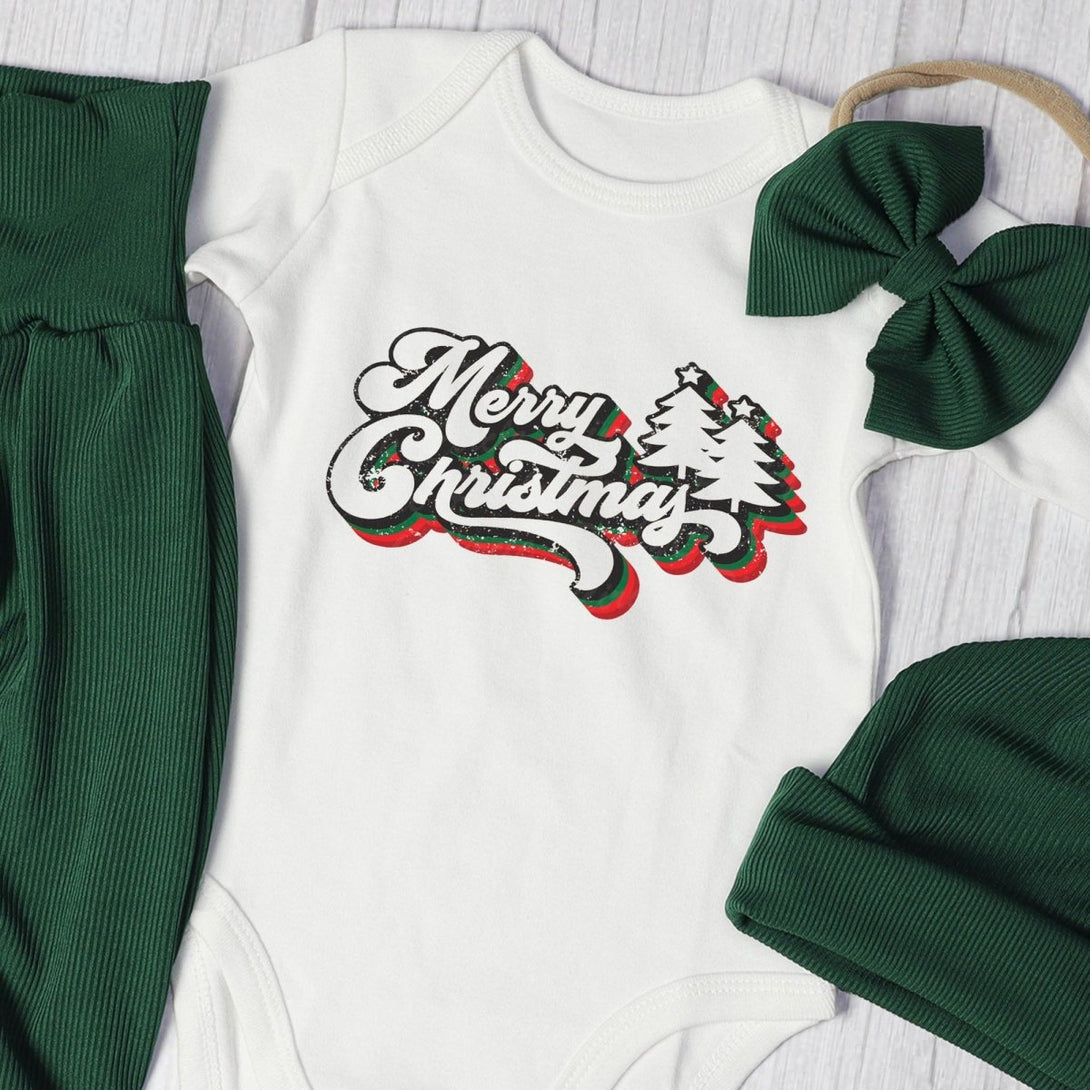 Merry Christmas Neutral Baby Onesie and Long Pants Set | Retro Christmas Bodysuit - Cute Winter Baby Onesie - BabiChic