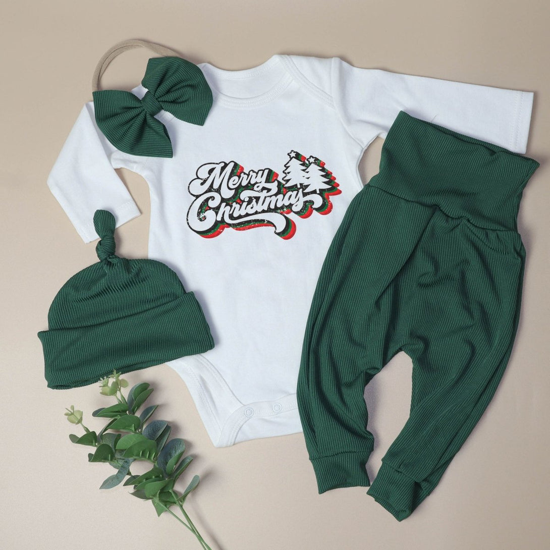 Merry Christmas Neutral Baby Onesie and Long Pants Set | Retro Christmas Bodysuit - Cute Winter Baby Onesie - BabiChic